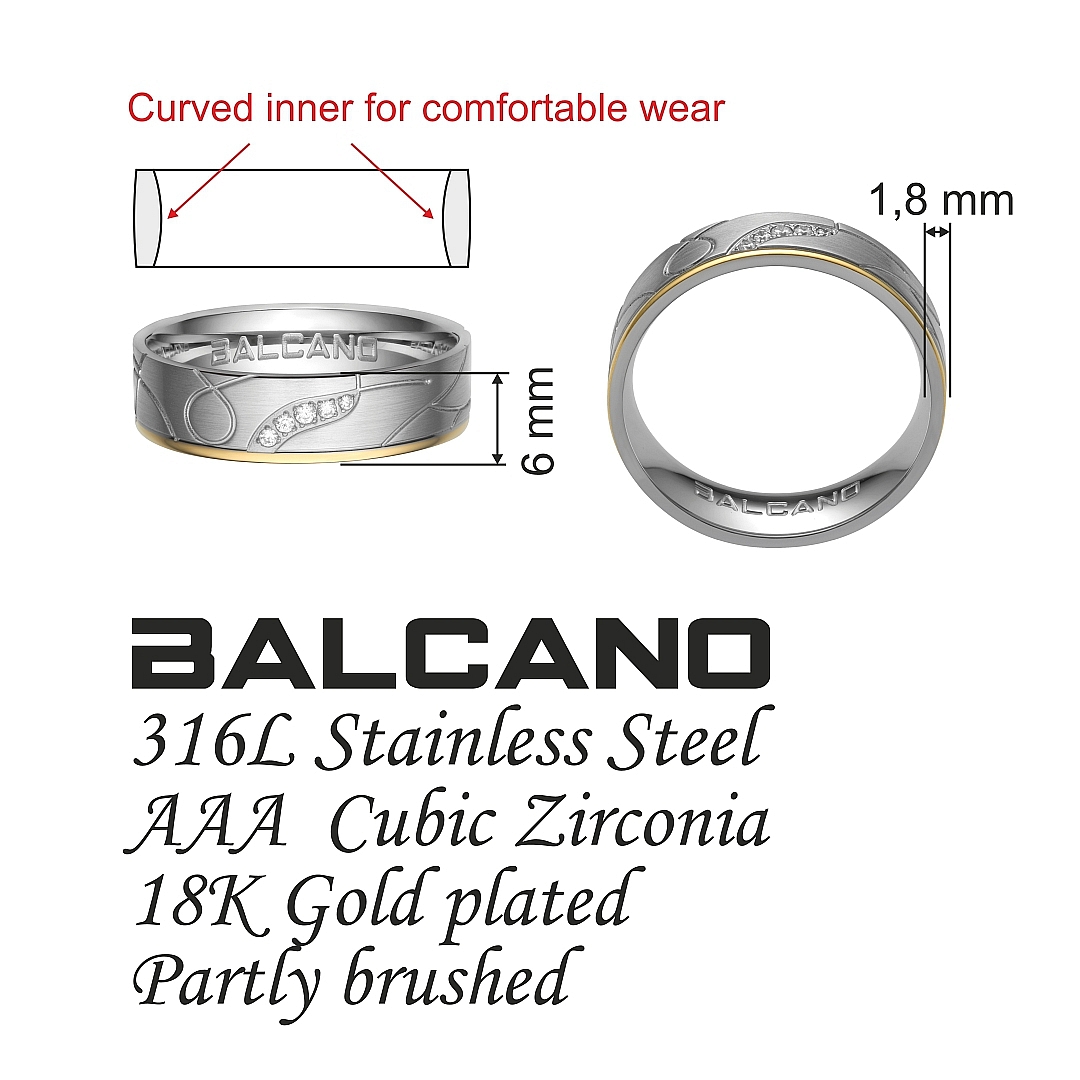BALCANO - Linea /  Edelstahl Trauring gebürstet, 18K vergoldet mit Zirkonia Edelsteinen (030027ZY00)