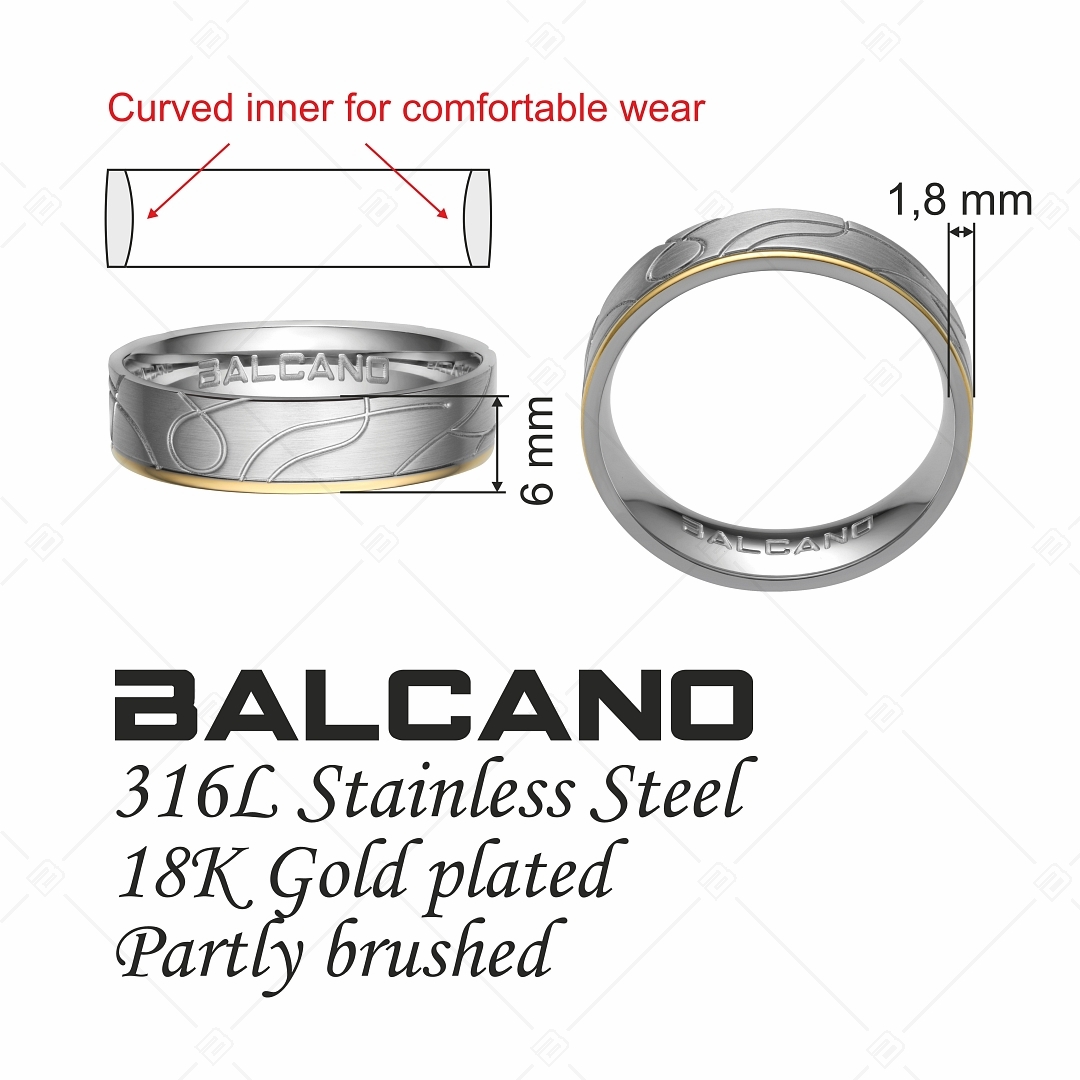 BALCANO - Linea / Bague en acier inoxydable motivée avec finition polie mate, plaqué or 18K (030027ZY99)