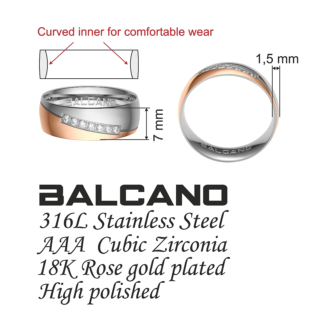 BALCANO - Regal / 18K Rose Gold Plated Stainless Steel Ring With Cubic Zirconia Gemstones (030030ZY00)
