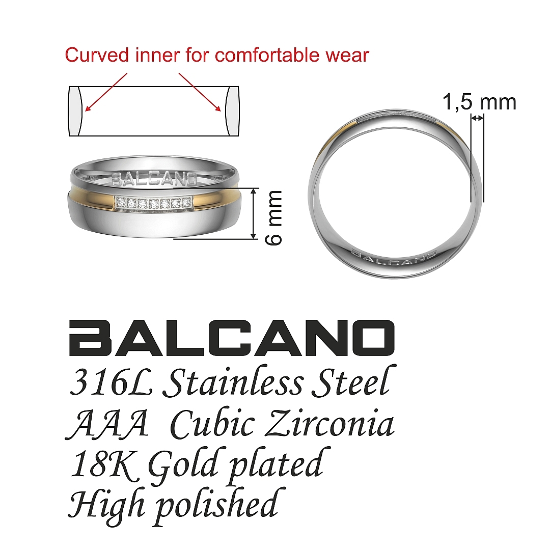 BALCANO - Sendero / Edelstahl Trauring mit 18K vergoldet und Zirkonia Edelsteinen (030033ZY00)