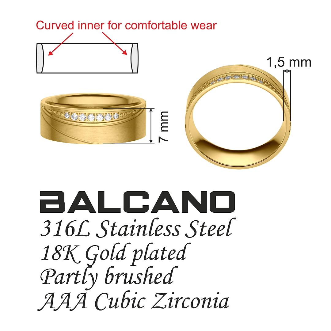 BALCANO - Sunny / Edelstahl Trauring mit Zirkonia Edelsteinen, 18K vergoldet (030040ZY00)
