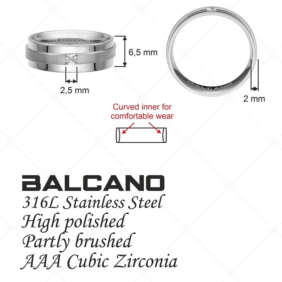 BALCANO - Kris / Bague en acier inoxydable, avec ceinture en finition mate, avec hautement polie, avec pierre zirconia (030041ZY00)