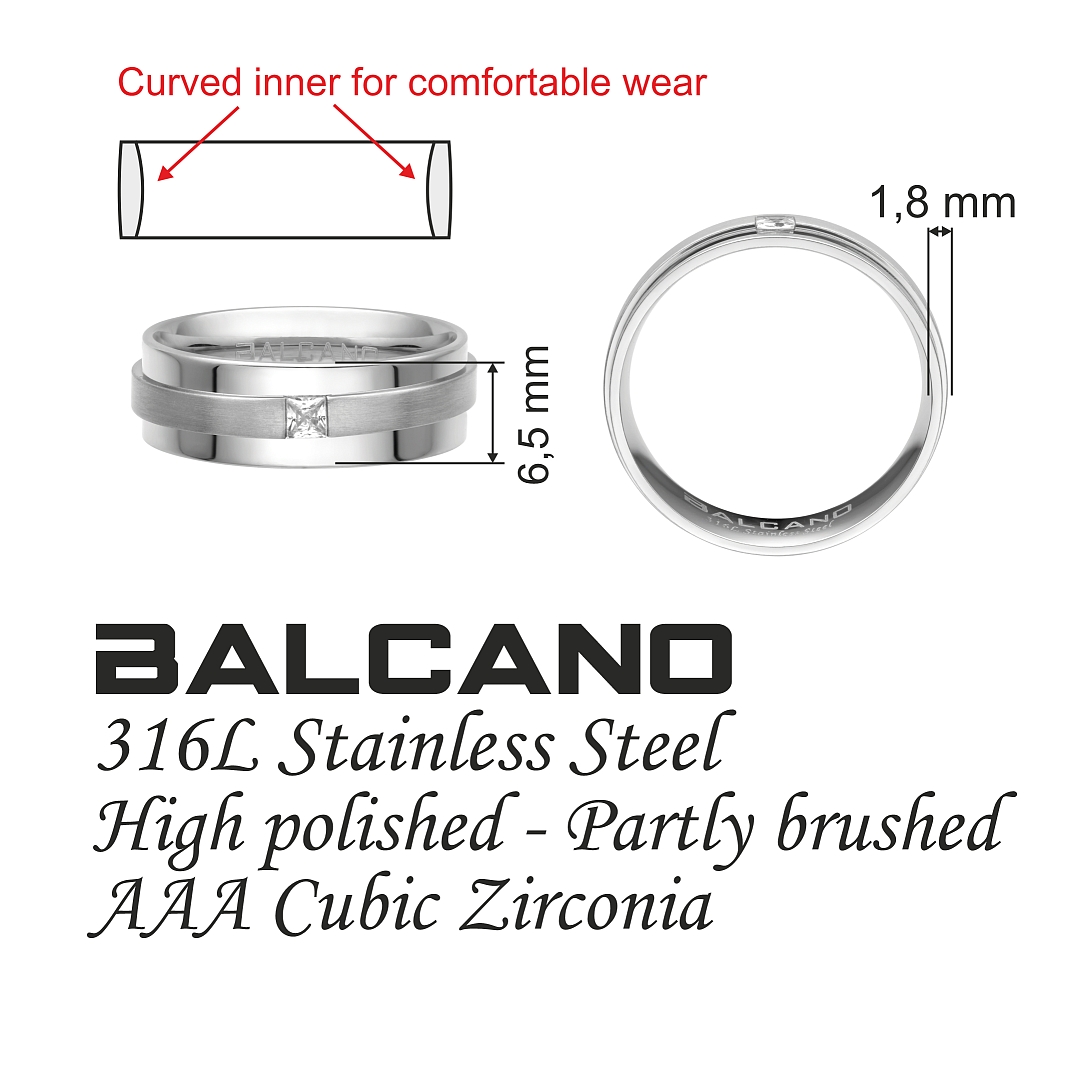 BALCANO - Kris / Bague en acier inoxydable, avec ceinture en finition mate, avec hautement polie, avec pierre zirconia (030041ZY00)