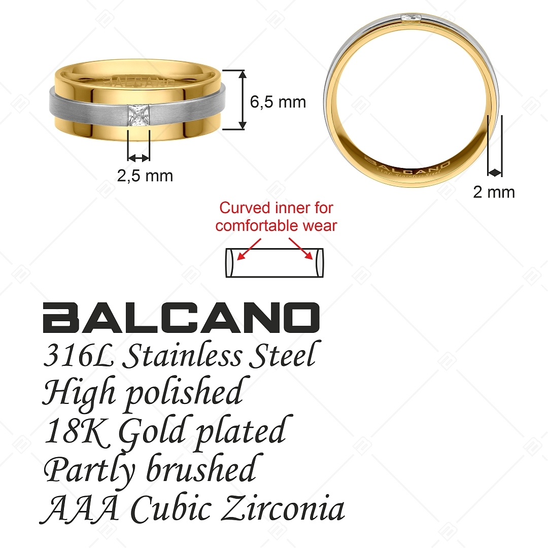 BALCANO - Kris / 18K Gold Plated Stainless Steel Ring With a Matt Finish Belt And With Cubic Zirconia Gemstone (030042ZY00)