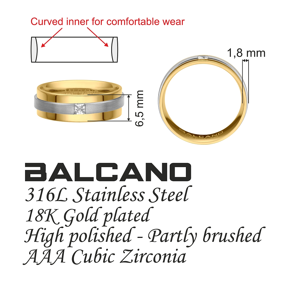 BALCANO - Kris / 18K Gold Plated Stainless Steel Ring With a Matt Finish Belt And With Cubic Zirconia Gemstone (030042ZY00)