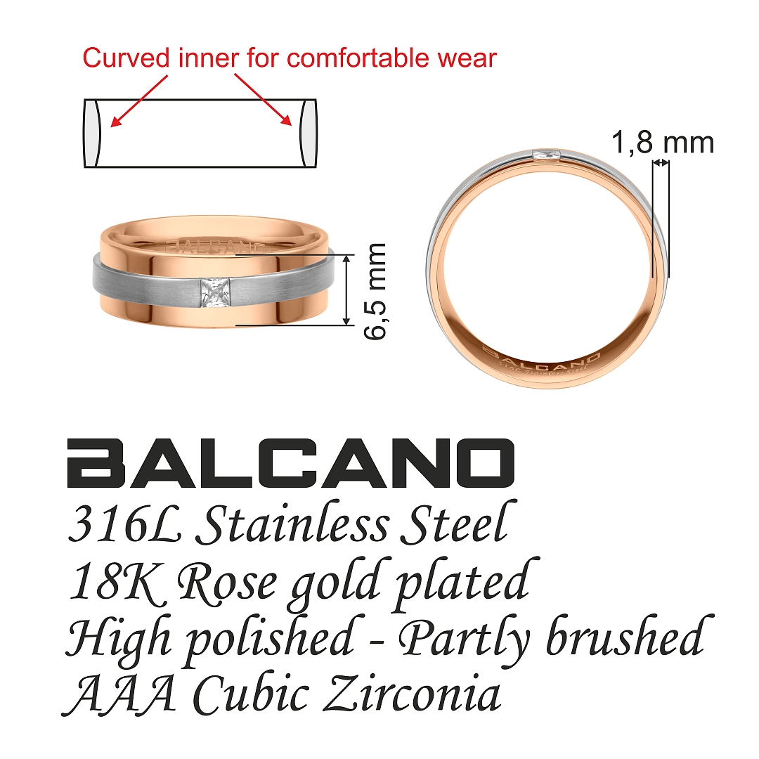 BALCANO - Kris / Bague en acier inoxydable, avec ceinture en finition mate, plaqué or rose 18K avec pierre précieuse zir (030043ZY00)
