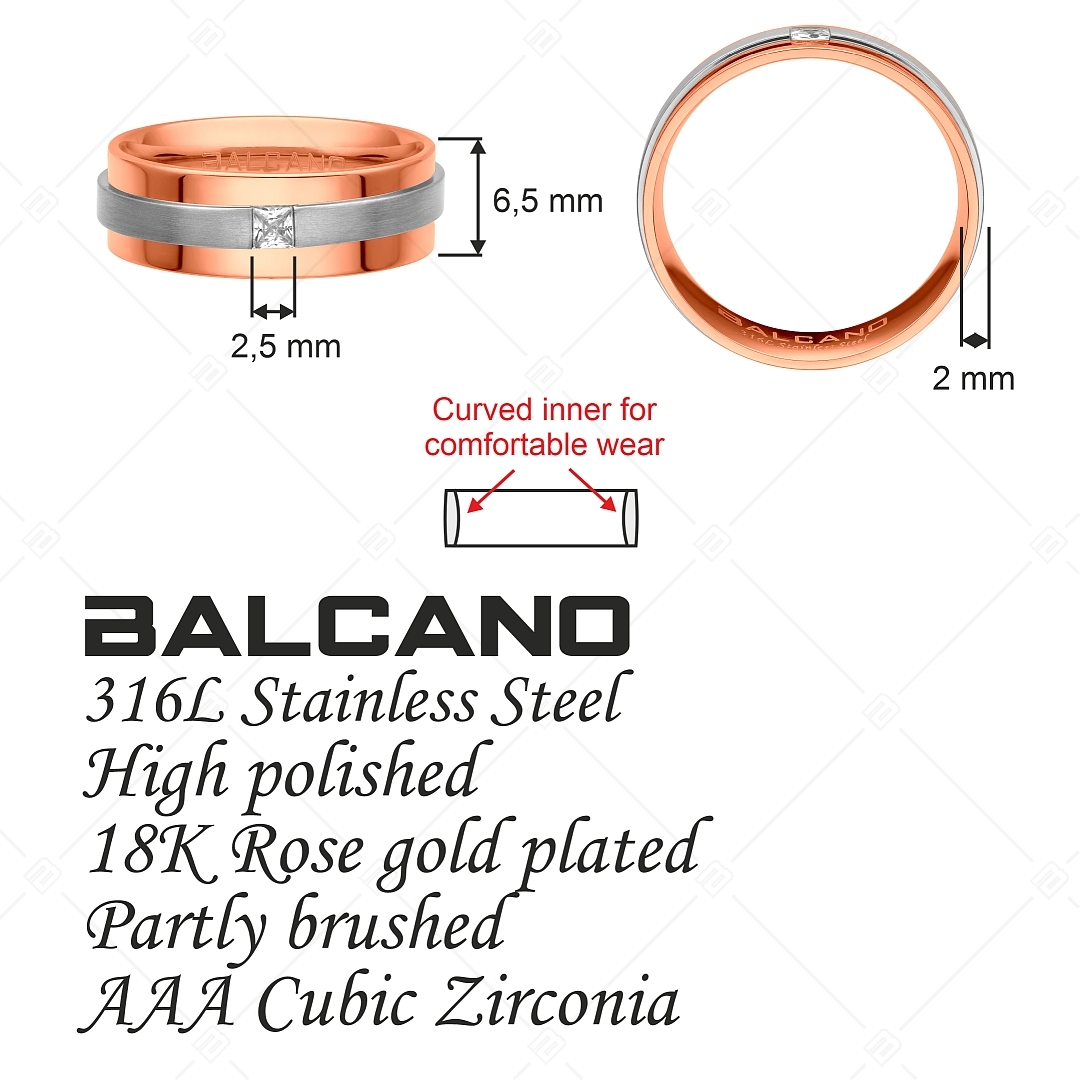 BALCANO - Kris / 18K Rose Gold Plated Stainless Steel Ring With a Matt Finish Belt And With Cubic Zirconia Gemstone (030043ZY00)