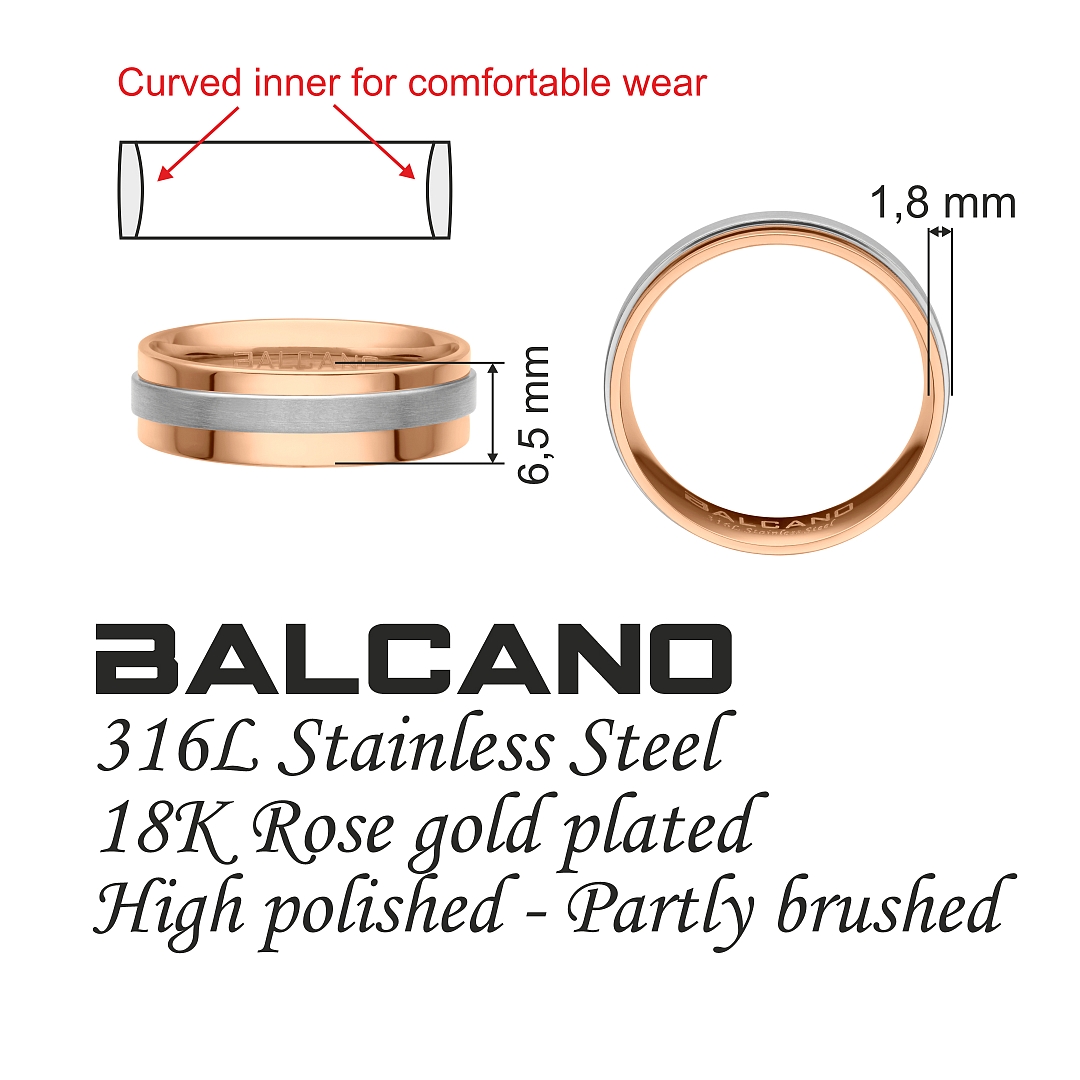 BALCANO - Kris / Edelstahl Trauring mit 18K rosévergoldet, mit einem matt polierten Gürtel (030043ZY99)