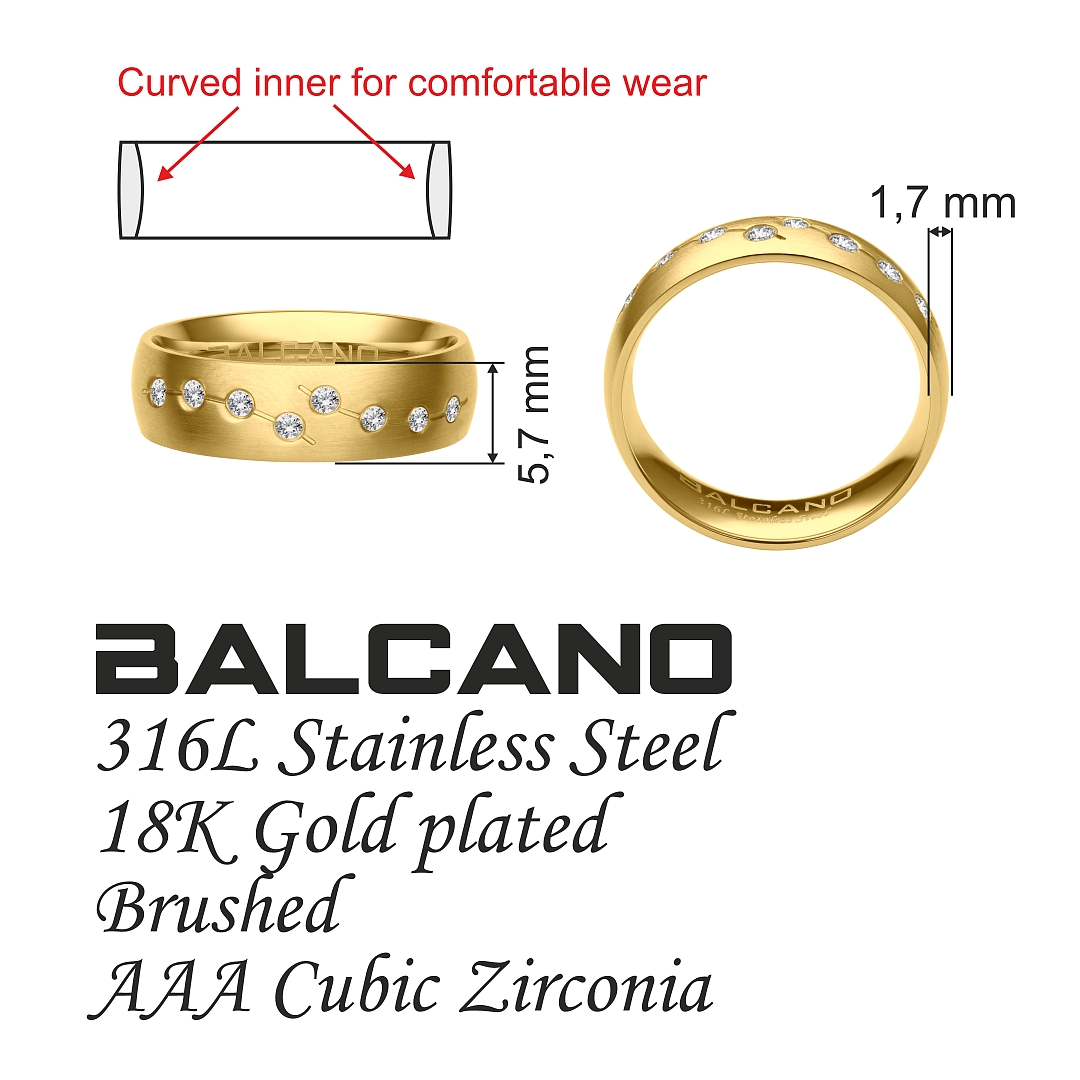BALCANO - Universo / Stainless Steel Wedding Ring With Zirconia Gemstones, 18K Gold Plated (030045ZY00)