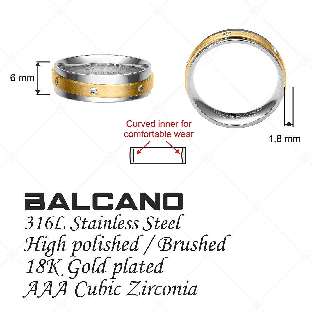 BALCANO - Palmer / Stainless Steel Wedding Ring With Zirconia Gemstones, 18K Gold Plated (030047ZY00)