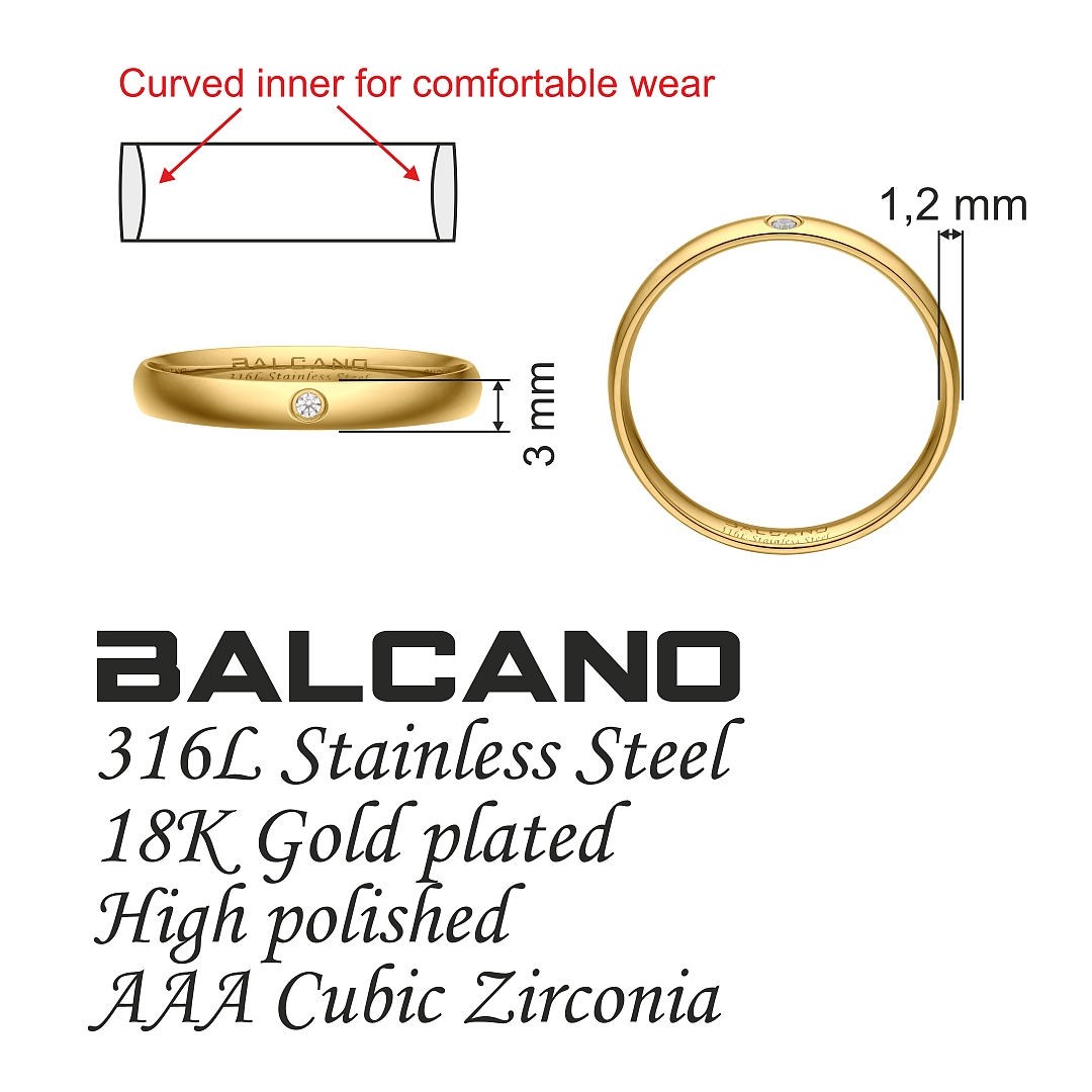 BALCANO - Slim / Edelstahl Trauring mit Zirkonia Edelsteinen, 18K vergoldet (030049ZY00)