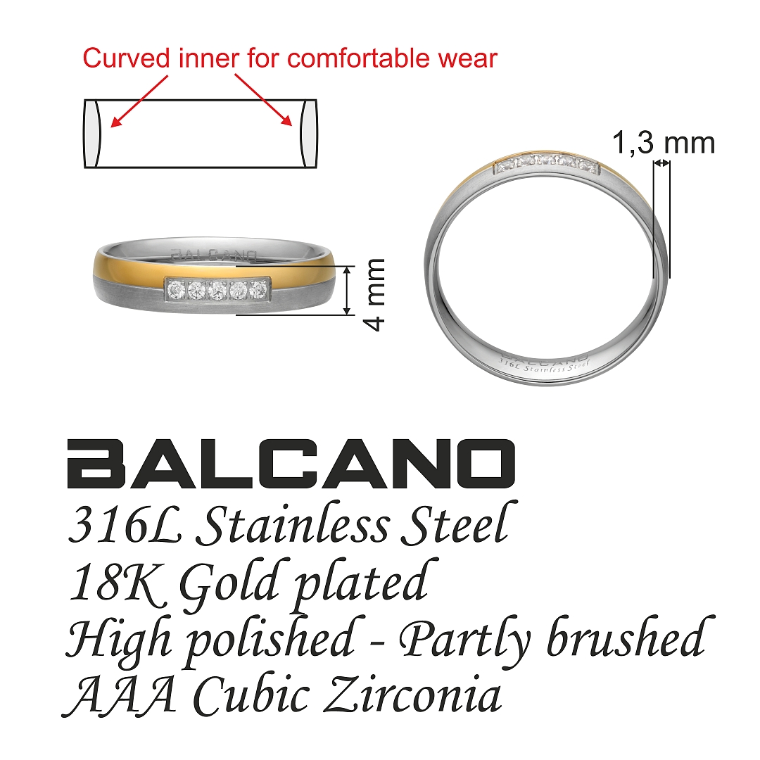BALCANO - Eclipse / Stainless Steel Wedding Ring With Zirconia Gemstones, 18K Gold Plated (030052ZY00)