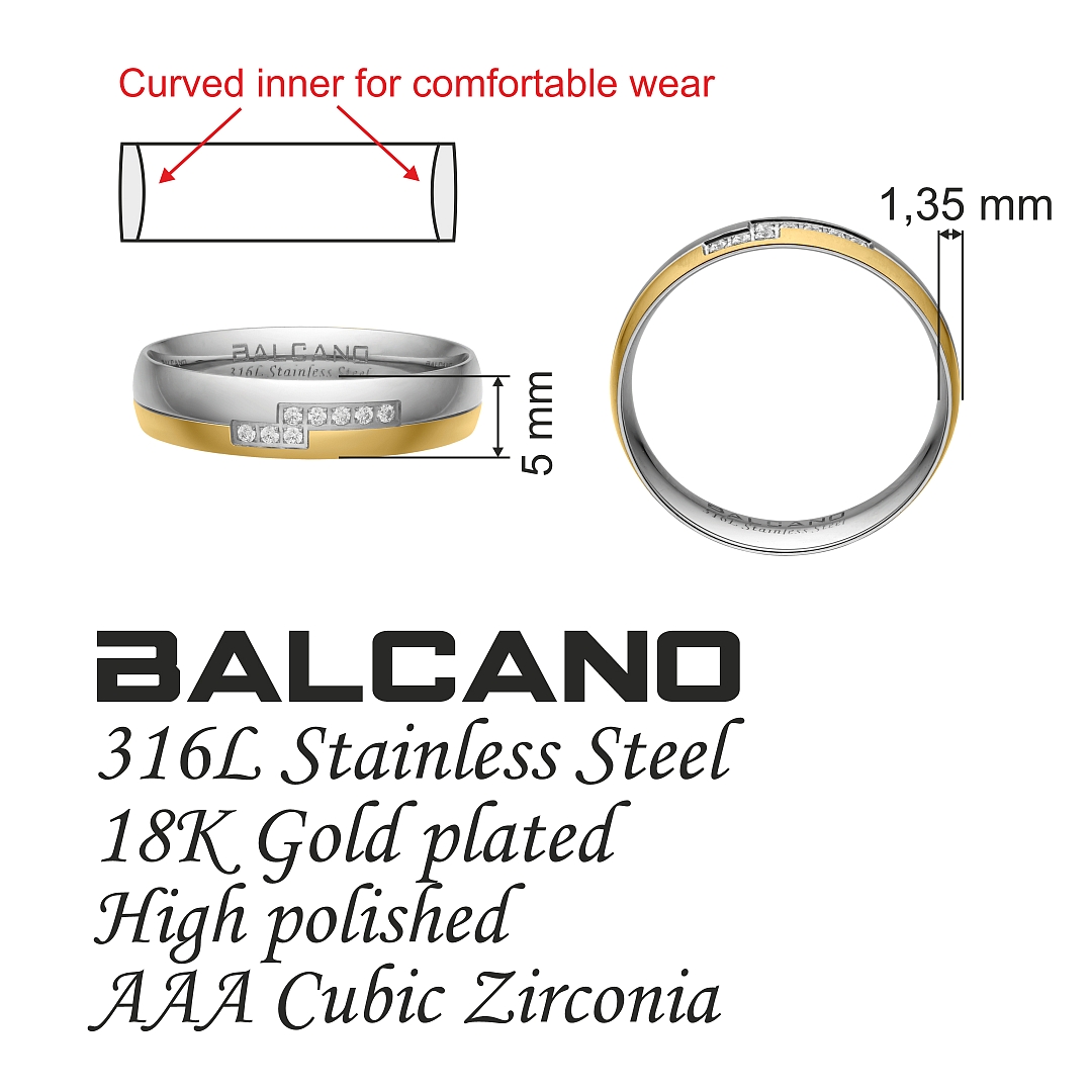 BALCANO - Stellaris / Edelstahl Trauring mit Zirkonia Edelsteinen, 18K vergoldet (030053ZY00)