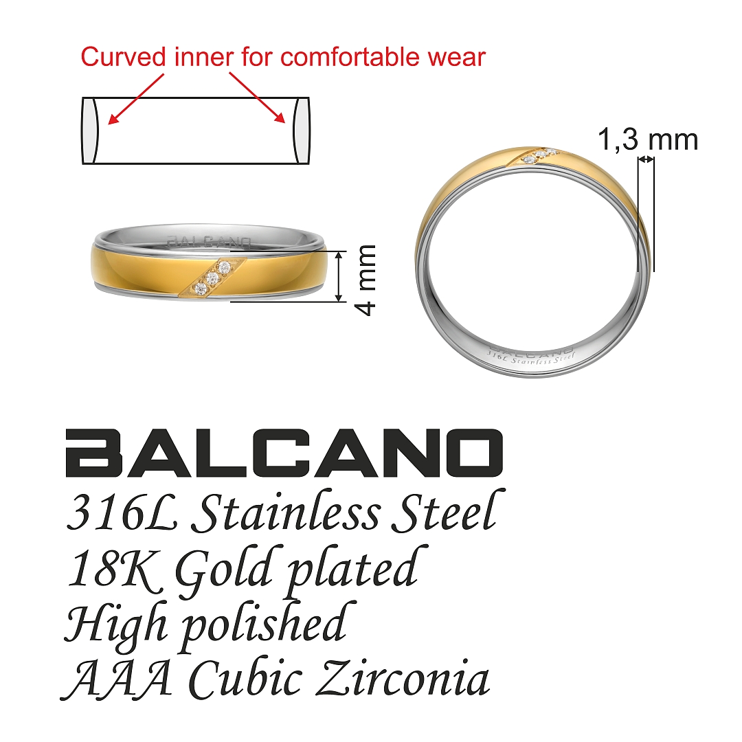 BALCANO - Trinity / Edelstahl Trauring mit Zirkonia Edelsteinen, 18K vergoldet (030054ZY00)