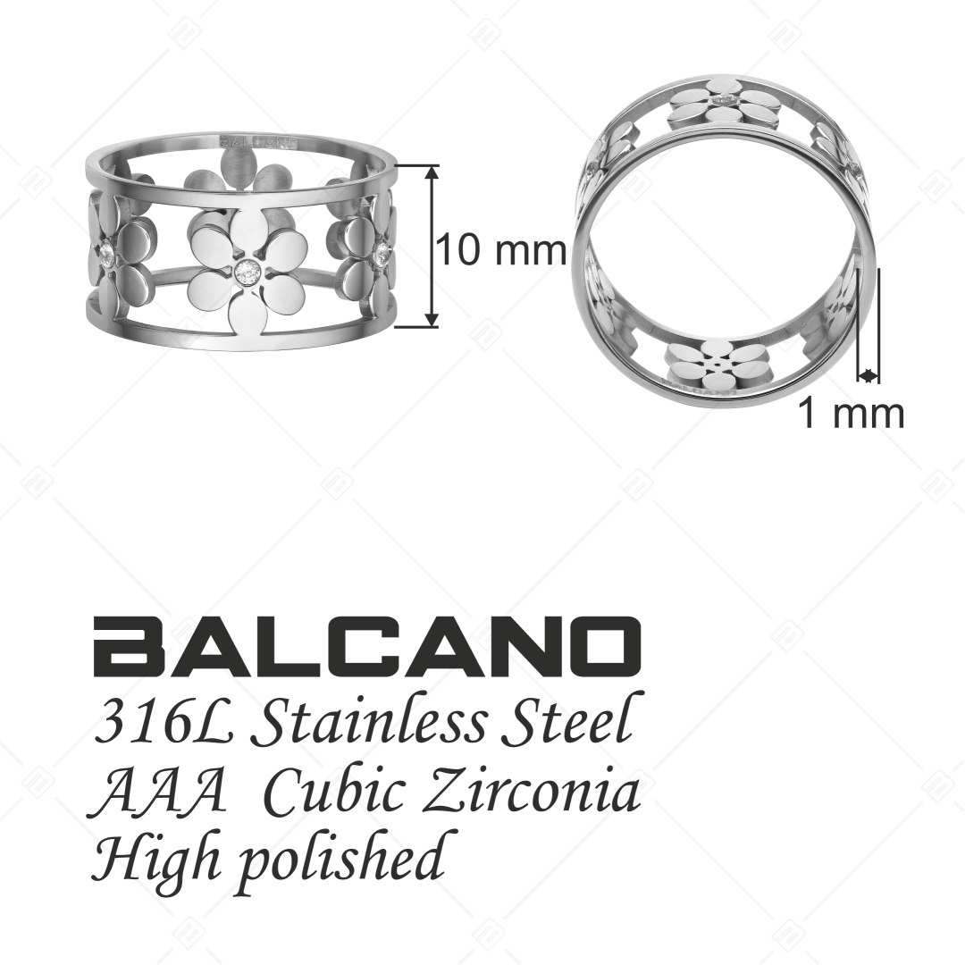 BALCANO - Clarissa / Spiegelglanzpolierter Edelstahl Ring mit Blumenmuster und Zirkonia Edelsteinen (041202BC97)