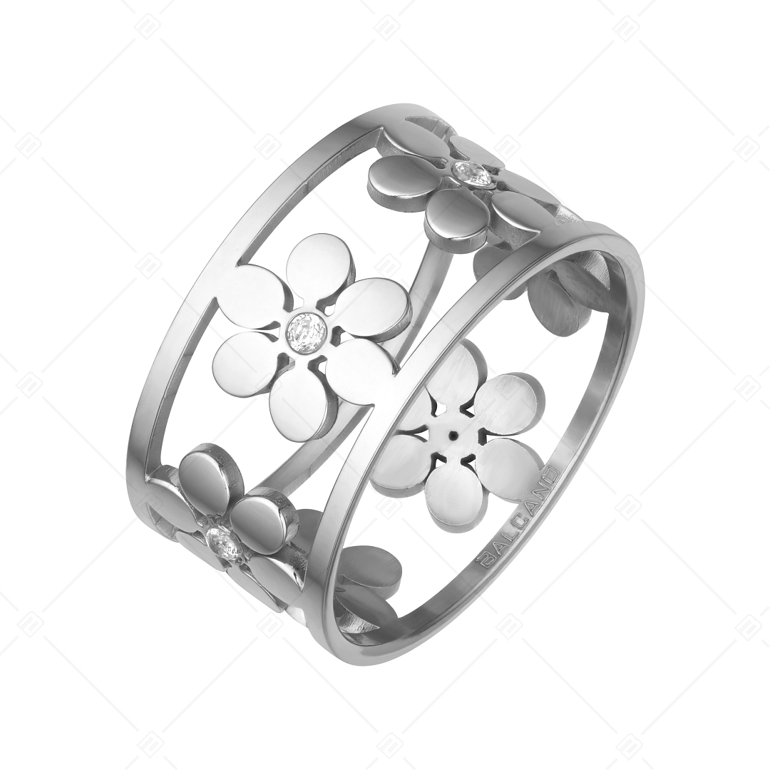 BALCANO - Clarissa / Spiegelglanzpolierter Edelstahl Ring mit Blumenmuster und Zirkonia Edelsteinen (041202BC97)