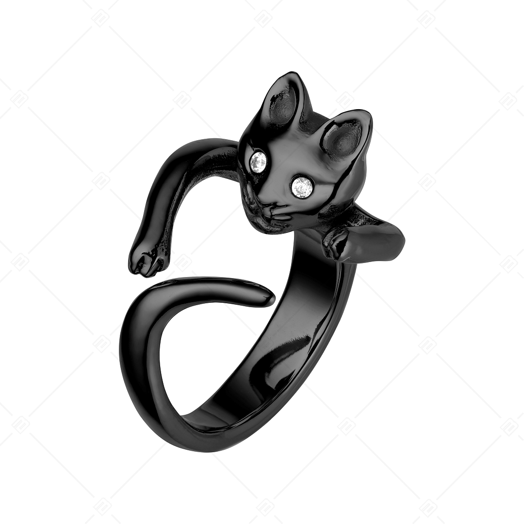 BALCANO - Kitten / Bague en forme de chaton avec des yeux en zircone, plaqué PVD noir (041216BC11)