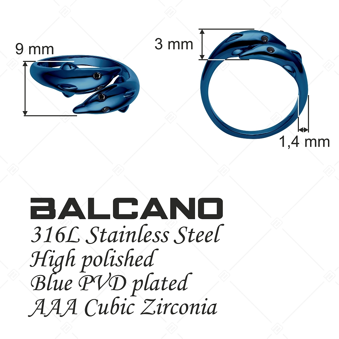 BALCANO - Dolphin / Bague en forme de dauphin avec des yeux en zircone, plaqué bleu PVD titane (041220BC44)