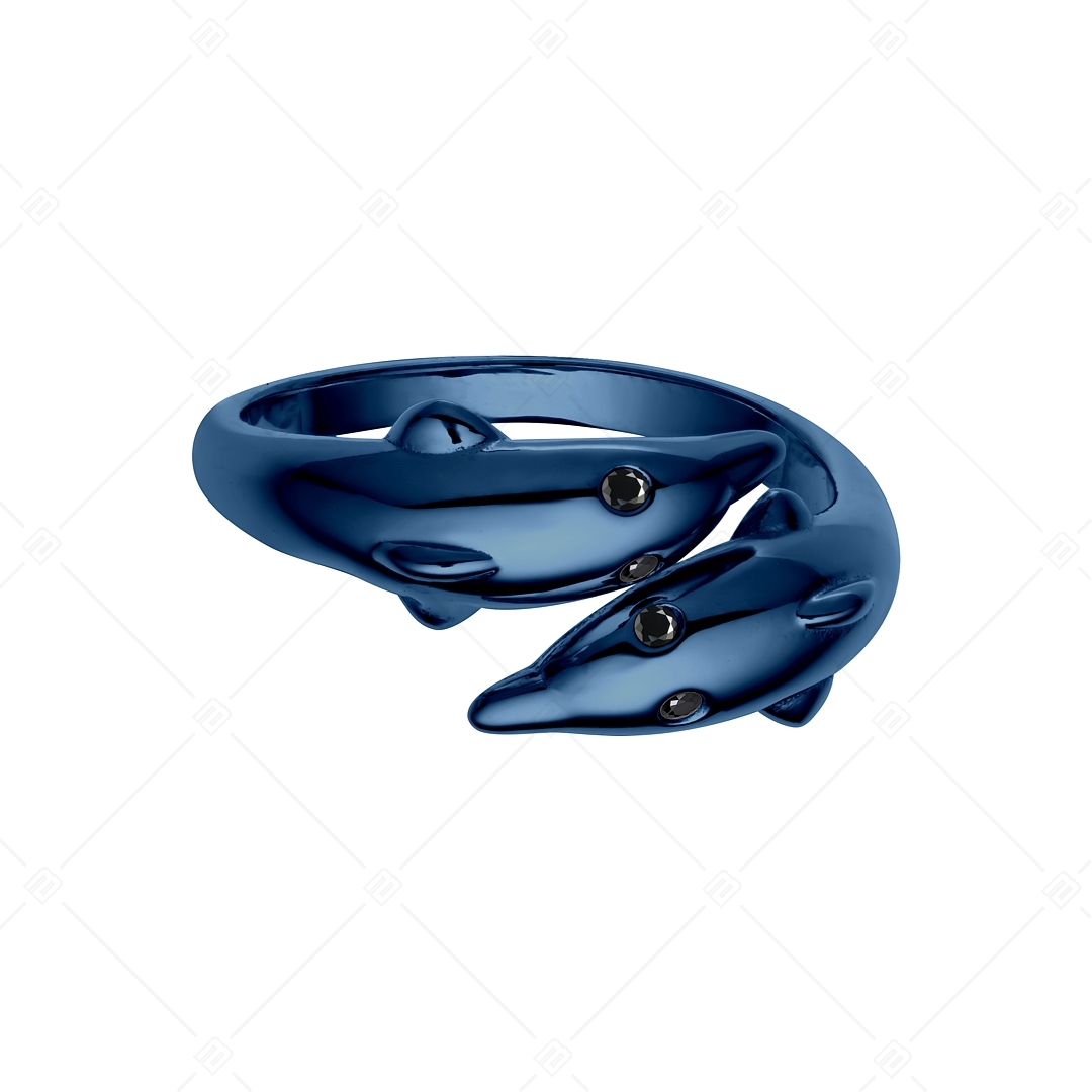 BALCANO - Dolphin / Ring in Delphinform mit Zirkonia Augen, blaues Titan PVD Beschichtung (041220BC44)