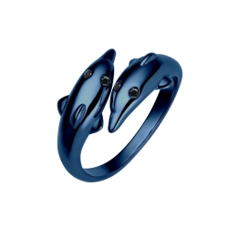 BALCANO - Dolphin / Bague en forme de dauphin avec des yeux en zircone, plaqué bleu PVD titane