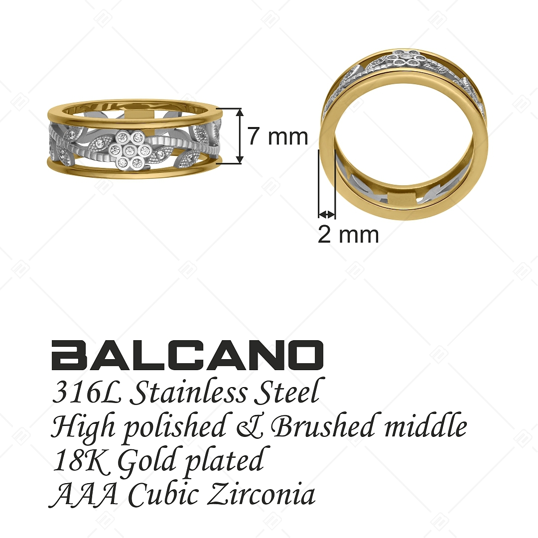 BALCANO - Florenza / Bague en acier inoxydable, plaqué or 18K avec motif de fleur percée et pierre précieuse zirconium (041221BC88)