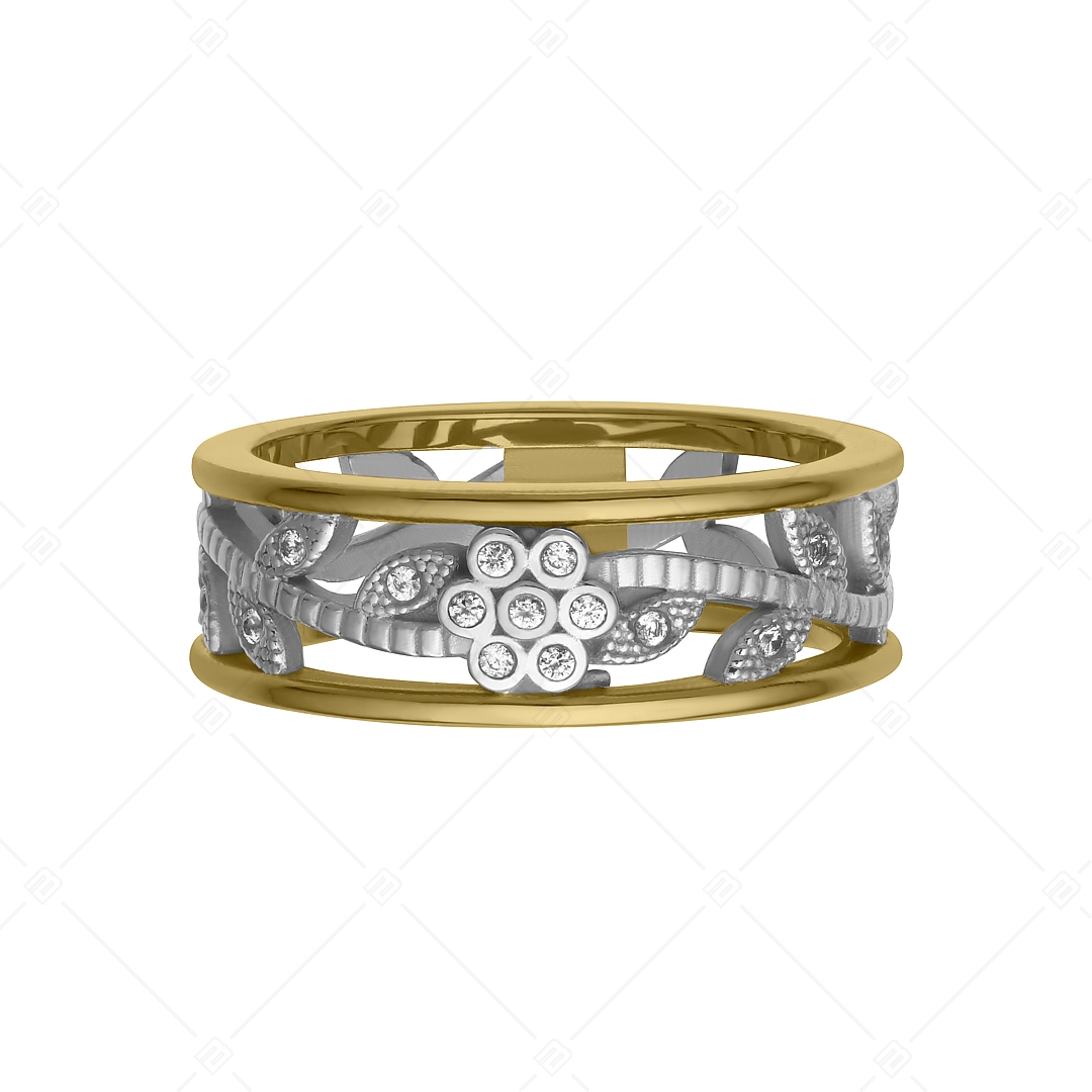 BALCANO - Florenza / 18K Gold Plated Stainless Steel Ring With an Openwork Flower Design and Cubic Zirconia Gemstones (041221BC88)