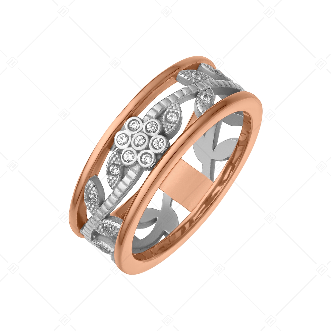 BALCANO - Florenza / 18K Rose Gold Plated Stainless Steel Ring With an Openwork Flower Design and Cubic Zirconia Gemston (041221BC96)