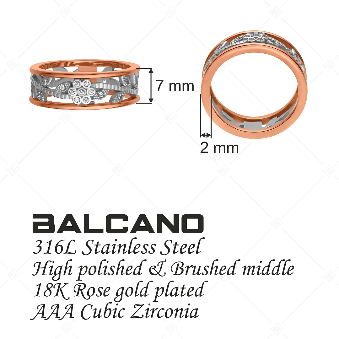 BALCANO - Florenza / Bague en acier inoxydable, plaqué or rose 18K avec motif de fleur percée et pierre précieuse zircon (041221BC96)