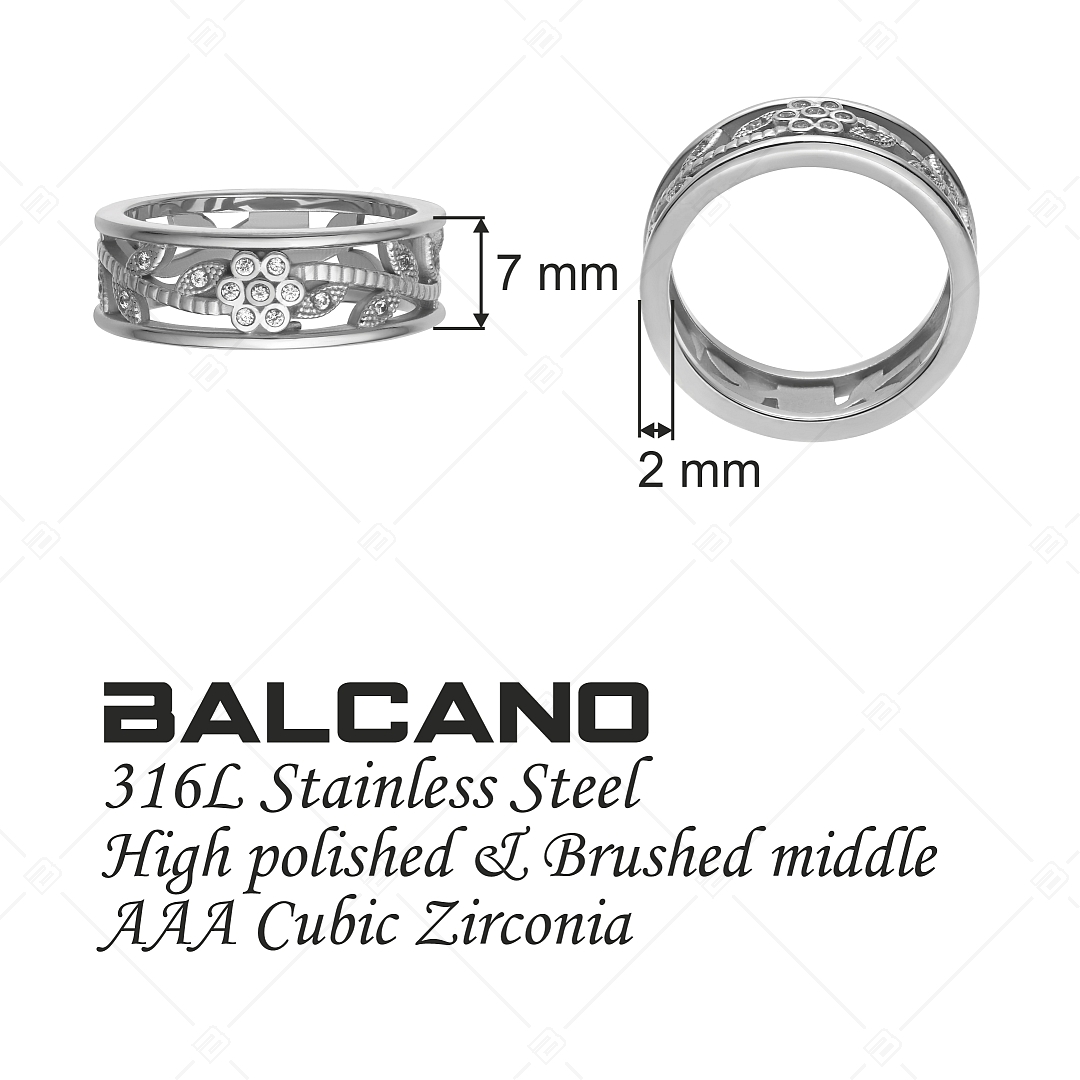 BALCANO - Florenza / Bague en acier inoxydable avec motif de fleur percée et pierre précieuse zircon (041221BC97)