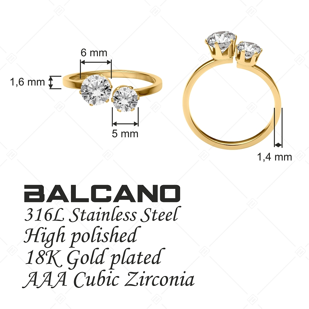 BALCANO - Lux / Bague en acier inoxydable avec deux pierres rondes en zircon cubique, plaqué or 18K (041224BC88)