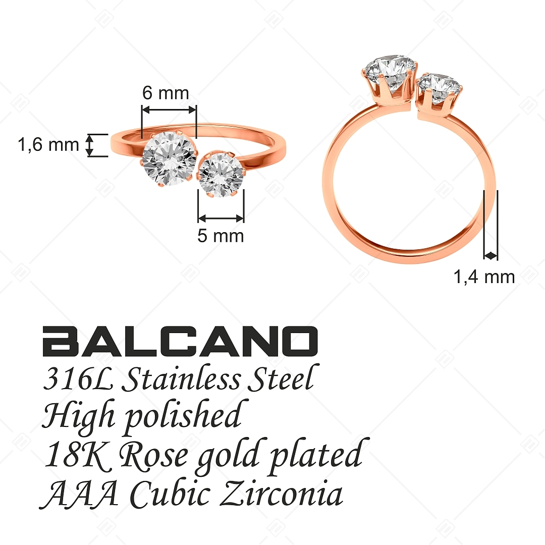 BALCANO - Lux / Bague en acier inoxydable avec deux pierres rondes en zircon cubique, plaqué or rose 18K (041224BC96)