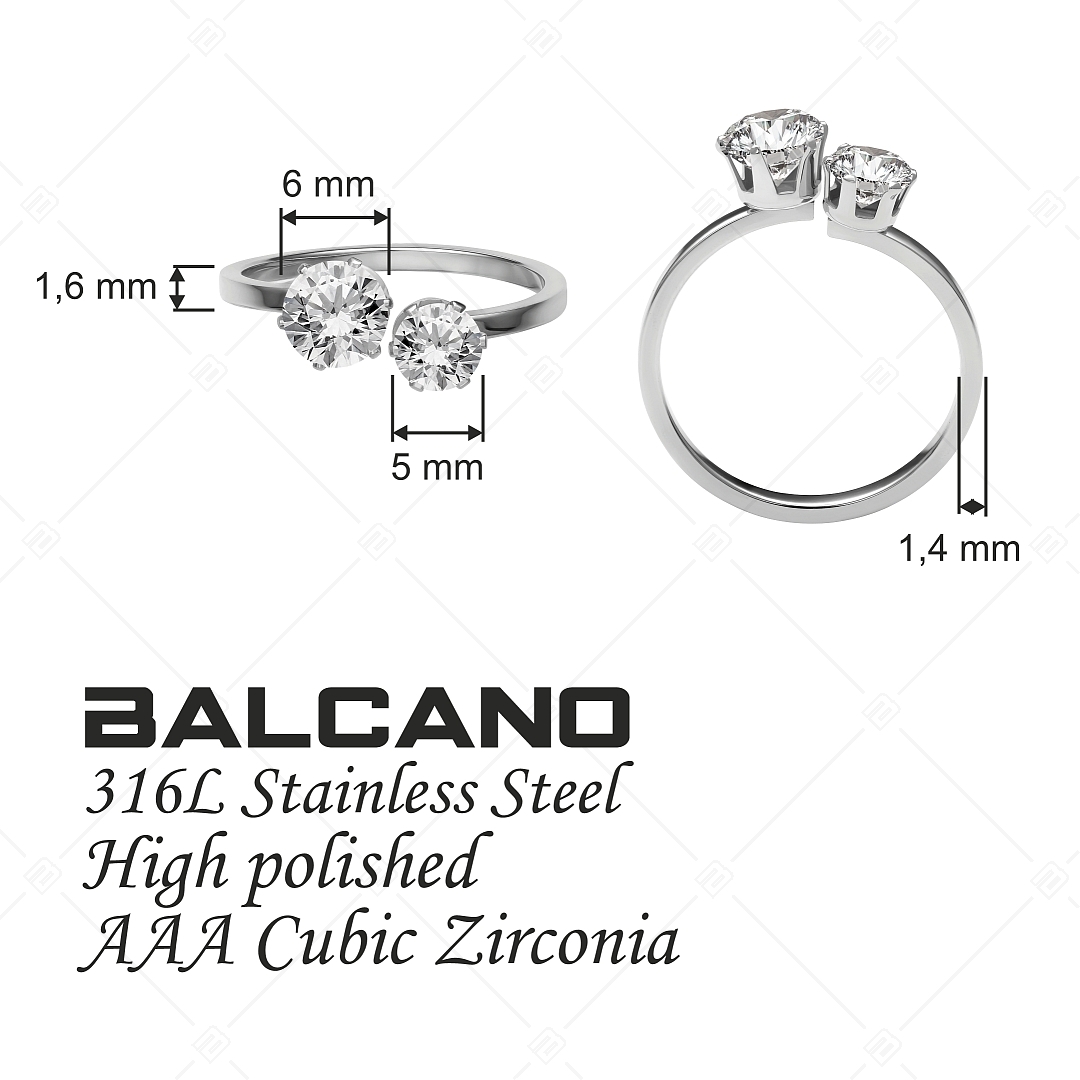 BALCANO - Lux / Stainless Steel Ring With Two Round Cubic Zirconia Gemstones, High Polished (041224BC97)