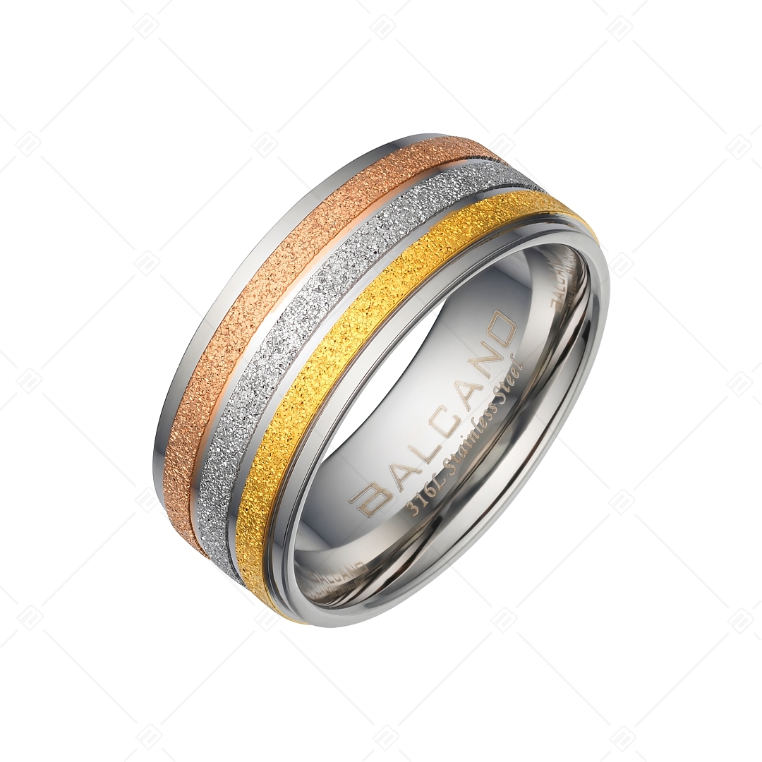 BALCANO - Tricolor / Stainless Steel Ring with Glittercut and Tricolor Lanes 18K Gold and Rose Gold Plating (041228BC99)
