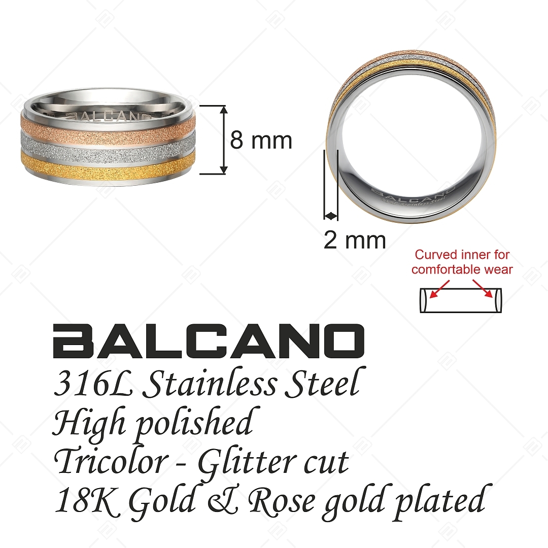BALCANO - Tricolor / Stainless Steel Ring with Glittercut and Tricolor Lanes 18K Gold and Rose Gold Plating (041228BC99)