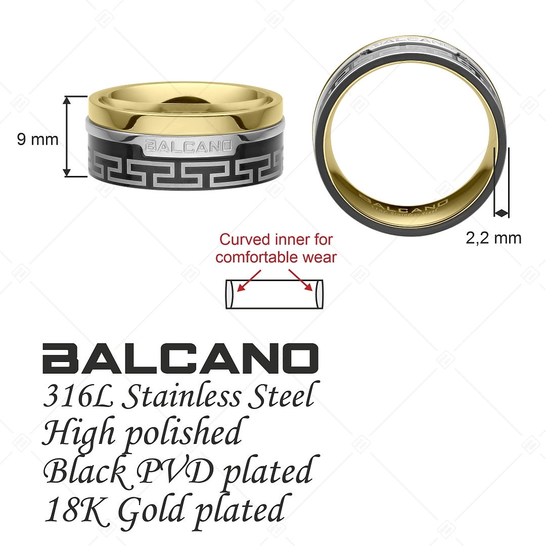BALCANO - Orion / Bague en acier inoxydable à motif grec avec hautement polie, plaqué or 18K (042006BL88)