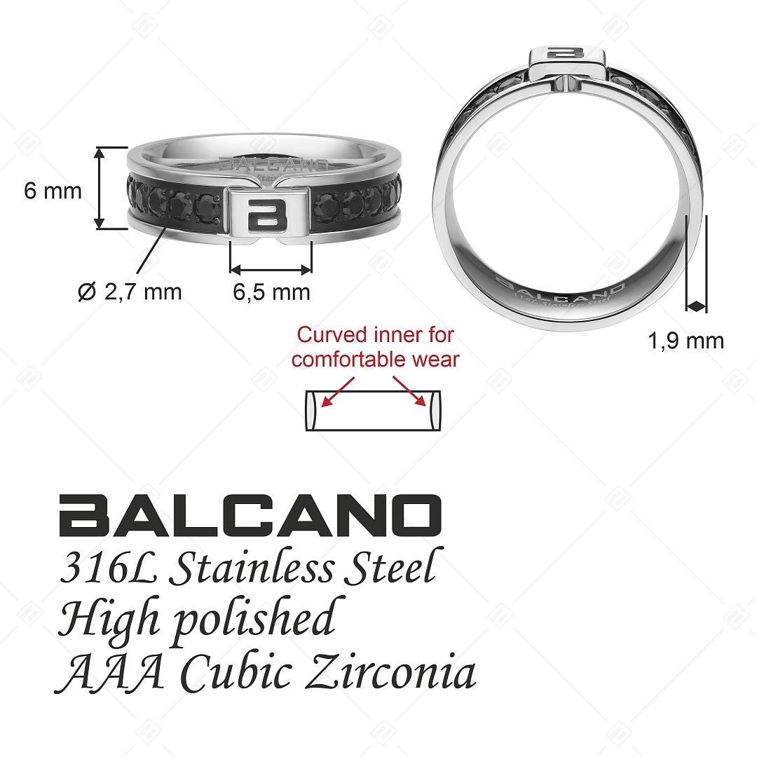 BALCANO - Constantin / Bague en acier inoxydable avec pierre précieuse zirconium noir et avec hautement polie (042108BL97)
