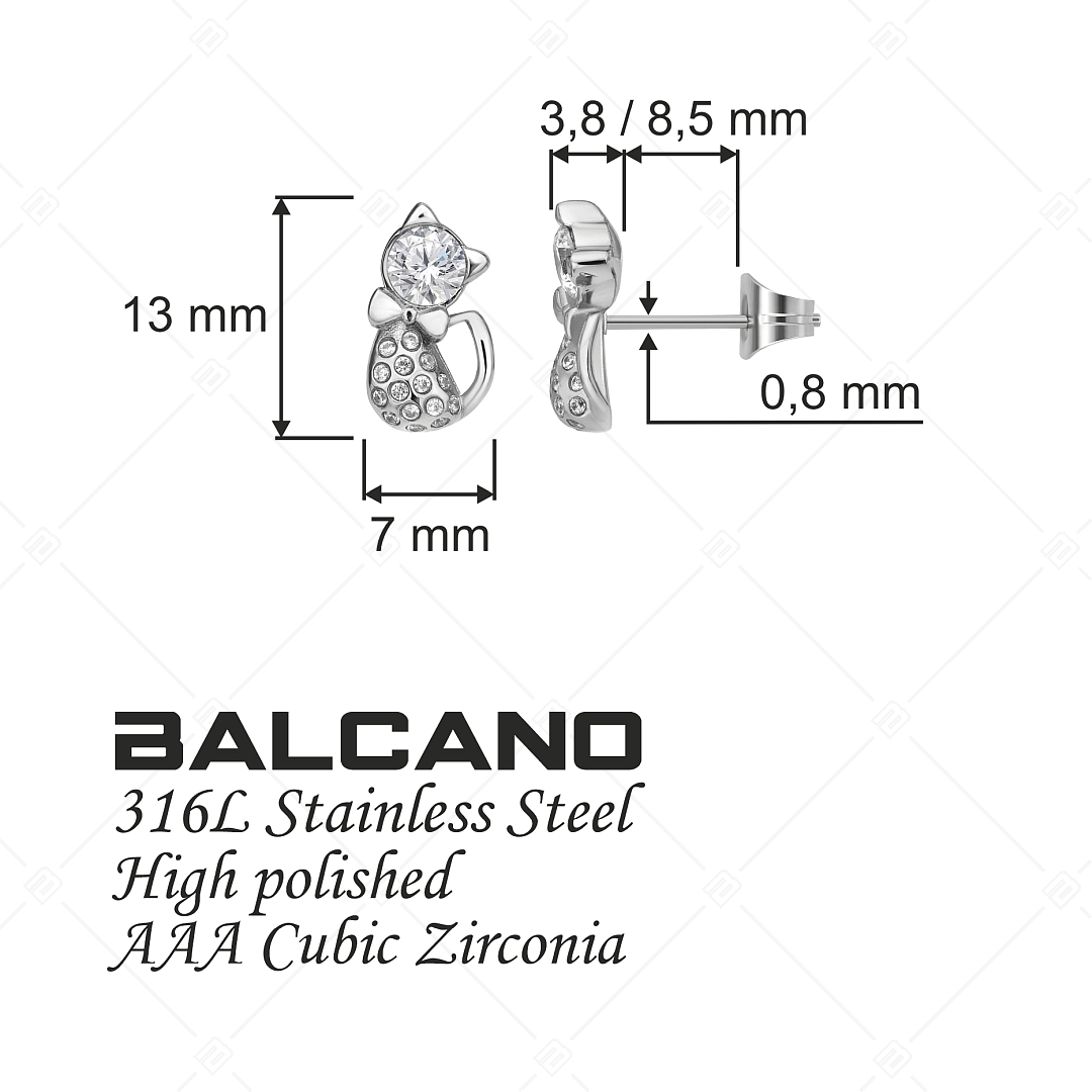 BALCANO - Kitten / Cat Shaped Earrings With Zirconia Gemstones, High Polished (141246BC97)