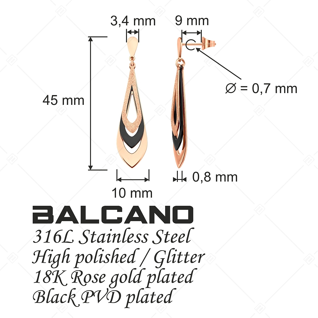 BALCANO - Sydney / Tröpfchenförmige Hängende Edelstahl Ohrringe, 18K Rozé-Gold und Schwarze PVD Beschichtung (141257BC96)