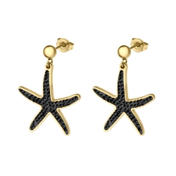 BALCANO - Estelle / Starfish Shaped Dangling Stainless Steel Earrings With Black Crystals, 18K Gold Plated