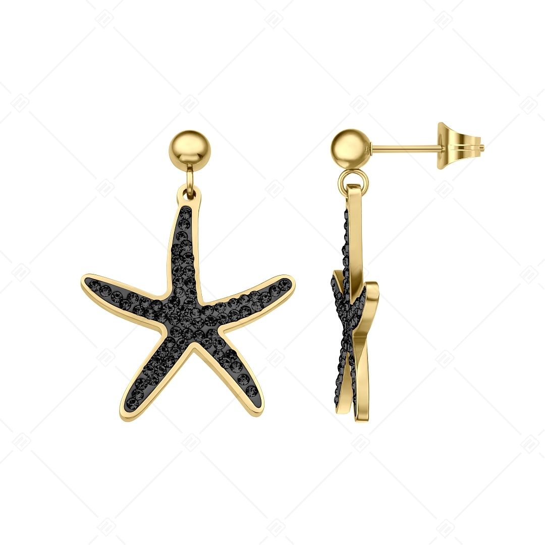 BALCANO - Estelle / Starfish Shaped Dangling Stainless Steel Earrings With Black Crystals, 18K Gold Plated (141265BC88)