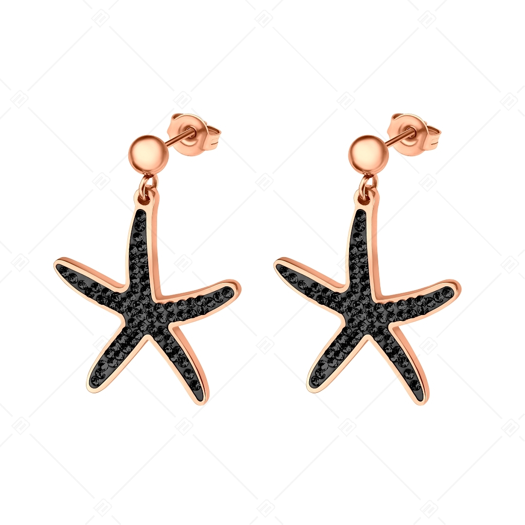 BALCANO - Estelle / Starfish Shaped Dangling Stainless Steel Earrings With Black Crystals, 18K Rose Gold Plated (141265BC96)