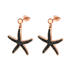 BALCANO - Estelle / Starfish Shaped Dangling Stainless Steel Earrings With Black Crystals, 18K Rose Gold Plated