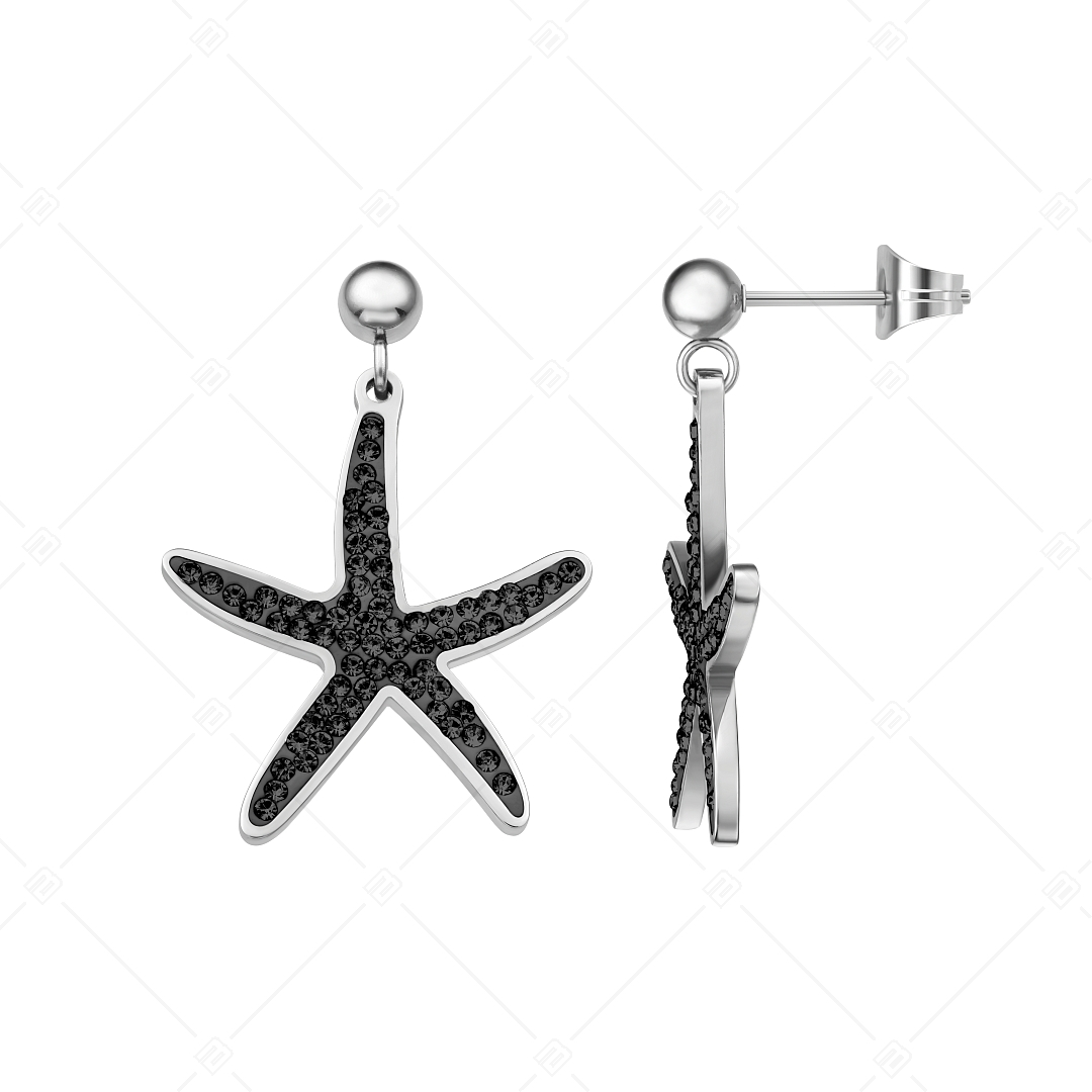 BALCANO - Estelle / Starfish Shaped Dangling Stainless Steel Earrings With Black Crystals, High Polished (141265BC97)