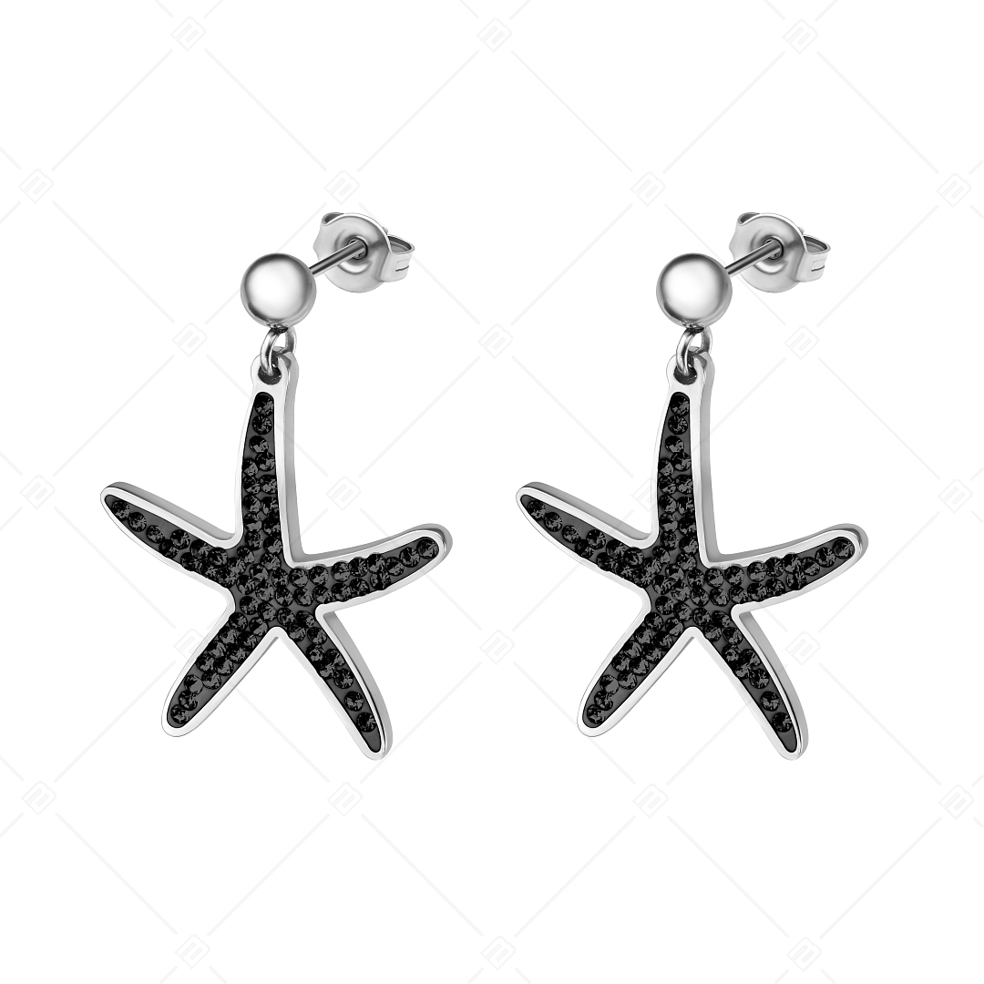 BALCANO - Estelle / Starfish Shaped Dangling Stainless Steel Earrings With Black Crystals, High Polished (141265BC97)