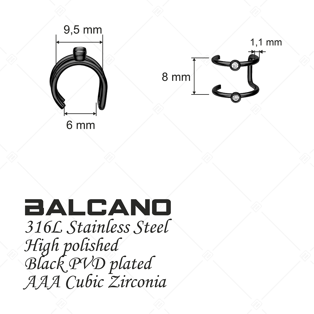 BALCANO - Rua / Manchette d'oreille double en acier inoxydable avec zircones, plaqué PVD noir (141282BC11)