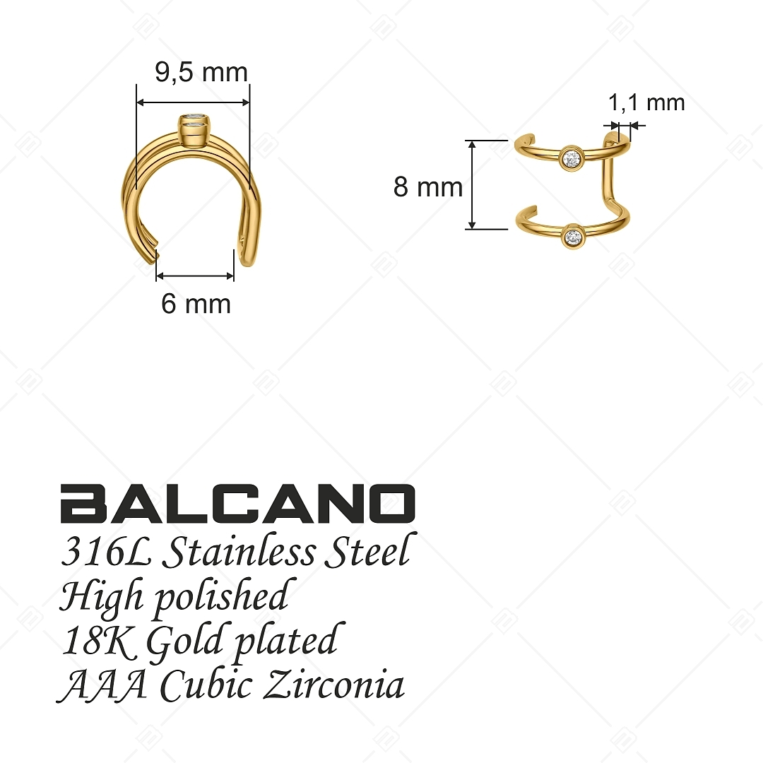 BALCANO - Rua / Manchette d'oreille double en acier inoxydable avec zircones, plaqué or 18K (141282BC88)