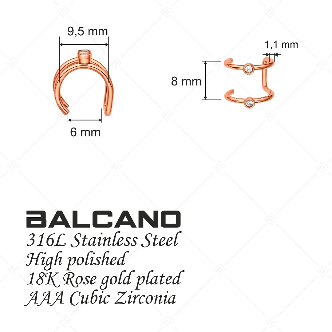 BALCANO - Rua / Manchette d'oreille double en acier inoxydable avec zircones, plaqué or rose 18K (141282BC96)