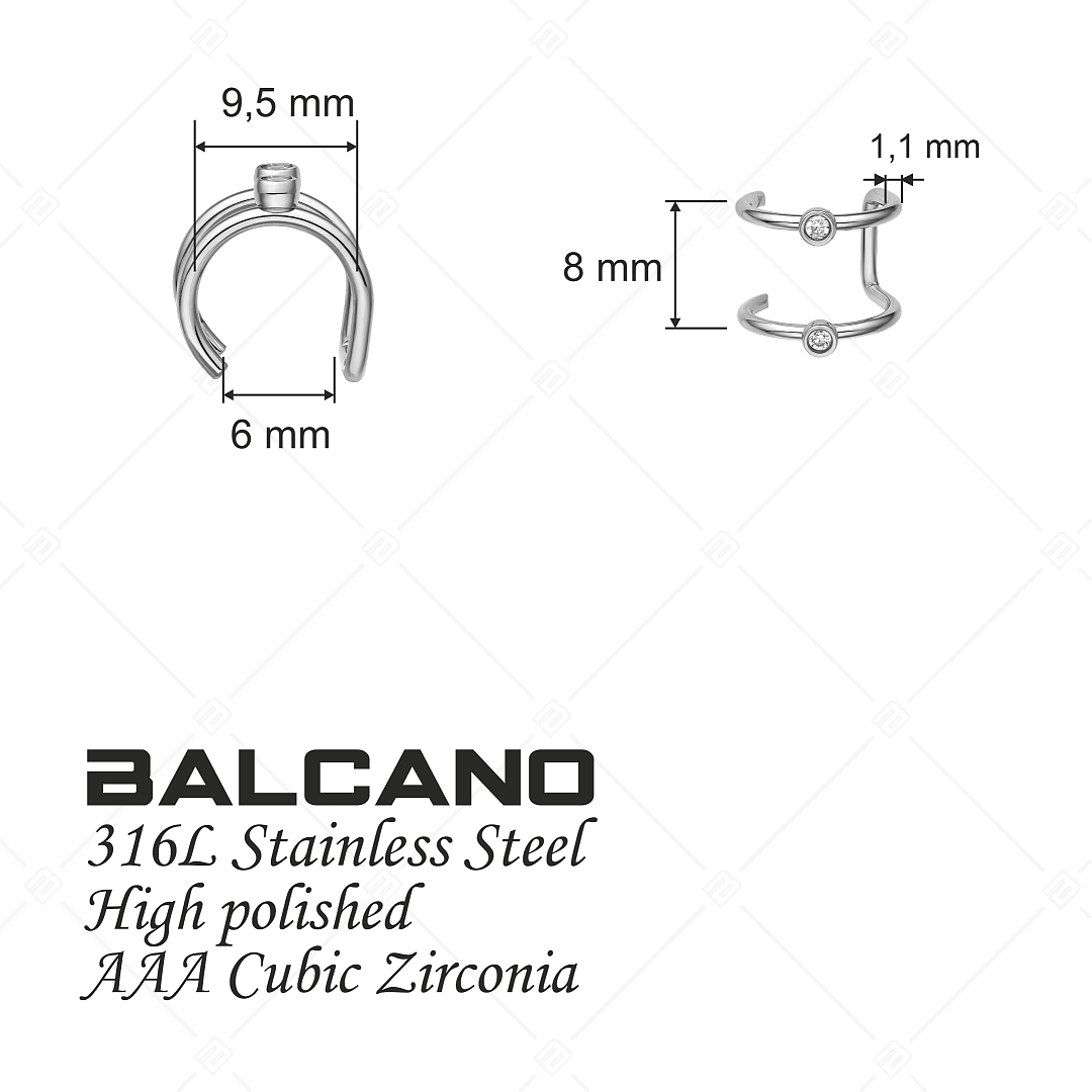 BALCANO - Rua / Manchette d'oreille double en acier inoxydable avec zircones, avec hautement polie (141282BC97)