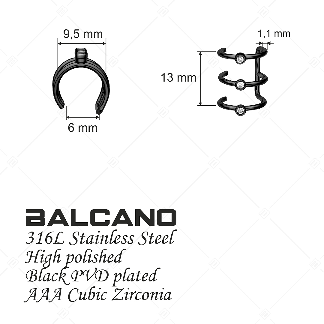 BALCANO - Toru / Manchette d'oreille triple en acier inoxydable avec zircones, plaqué PVD noir (141284BC11)