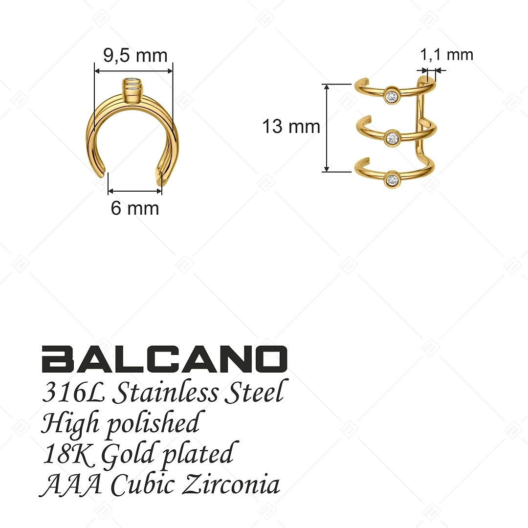 BALCANO - Toru / Manchette d'oreille triple en acier inoxydable avec zircones, plaqué or 18K (141284BC88)